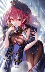 Rule 34 | 1girl, banknote, bare shoulders, blush, bodystocking, bra, breasts, cleavage, coat, collared shirt, covered collarbone, fur-trimmed coat, fur trim, hat, heterochromia, highres, holding, holding money, hololive, houshou marine, houshou marine (businesswoman), lace, lace-trimmed bra, lace trim, large breasts, looking at viewer, medium hair, misekiss, money, red eyes, red hair, see-through, see-through cleavage, shirt, sleeveless, sleeveless shirt, smile, solo, teeth, underwear, virtual youtuber, yellow eyes