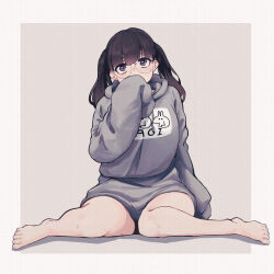 Rule 34 | 1girl, 96nokimihito, absurdres, baggy clothes, barefoot, breasts, covering own mouth, glasses, head tilt, highres, hood, hoodie, large breasts, looking at viewer, original, print hoodie, purple eyes, simple background, sitting, sleeves past fingers, sleeves past wrists, solo, thighs, twintails
