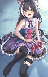 Rule 34 | 1girl, animal ear fluff, animal ears, arm support, bad id, bad pixiv id, black hair, black thighhighs, blush, breasts, brown footwear, cat ears, cat girl, cat tail, crying, dress, from above, garter straps, gem, green eyes, grey background, hair between eyes, highres, karyl (princess connect!), long hair, long sleeves, looking at viewer, low twintails, multicolored hair, on ground, open mouth, princess connect!, sidelocks, sitting, sleeveless, sleeveless dress, small breasts, sobanutt, solo, streaked hair, tail, tears, thighhighs, twintails, very long hair, white hair