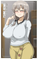 Rule 34 | 1girl, blush, breasts, character name, cleavage, closed eyes, covered erect nipples, female focus, hair between eyes, hair over shoulder, highres, indoors, large breasts, long hair, low tied hair, mature female, patreon username, sano br, shirt, silver hair, solo, standing, uzaki-chan wa asobitai!, uzaki tsuki, white shirt
