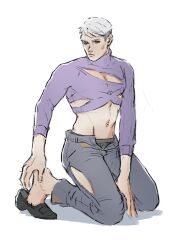 Rule 34 | 1boy, clothing cutout, commentary request, cosplay, full body, highres, jojo no kimyou na bouken, koppe 666, looking at viewer, male focus, male underwear, midriff, muscular, muscular male, navel, pants, purple sweater, red eyes, risotto nero, shoes, short hair, simple background, sitting, solo, sweatdrop, sweater, torn clothes, torn pants, turtleneck, undersized clothes, underwear, vinegar doppio, vinegar doppio (cosplay), white background, white hair