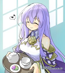 Rule 34 | 1girl, bare shoulders, breasts, closed eyes, fire emblem, fire emblem: genealogy of the holy war, food, holding, holding tray, julia (fire emblem), long hair, medium breasts, musical note, nintendo, purple eyes, purple hair, simple background, smile, solo, spoken musical note, sweets, teapot, tray, yukia (firstaid0)