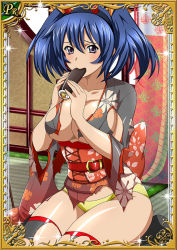 Rule 34 | 00s, 1girl, bashoku youjou, breasts, card (medium), female focus, food, ikkitousen, japanese clothes, kimono, large breasts, long hair, looking at viewer, sitting, twintails