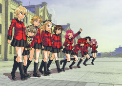 Rule 34 | 6+girls, arm up, assam (girls und panzer), black footwear, black ribbon, black skirt, blonde hair, blue eyes, blue sky, boko (girls und panzer), boots, braid, braided ponytail, brown eyes, brown hair, building, closed mouth, commentary, cranberry (girls und panzer), darjeeling (girls und panzer), day, frown, girls und panzer, grin, hair over one eye, hair over shoulder, hair pulled back, hair ribbon, hakama, holding, holding stuffed toy, jacket, japanese clothes, knee boots, leaning forward, leg up, light brown hair, long hair, long sleeves, looking at viewer, looking to the side, makeup, mascara, medium hair, military uniform, miniskirt, muichimon, multiple girls, one side up, orange hair, orange pekoe (girls und panzer), outdoors, parted lips, peach (girls und panzer), pink hair, pleated skirt, raised fist, red hair, red hakama, red jacket, ribbon, rosehip (girls und panzer), rukuriri (girls und panzer), shadow, shimada arisu, short hair, single braid, skirt, sky, smile, spiked hair, spoilers, st. gloriana&#039;s military uniform, standing, stuffed animal, stuffed toy, teddy bear, twin braids, uniform, vanilla (girls und panzer), walking
