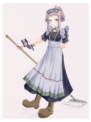 Rule 34 | apron, arm behind back, boots, character request, cross-laced footwear, green eyes, iwasaki takashi, lace-up boots, maid, maid apron, mop, source request