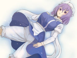 Rule 34 | 1girl, apron, bloomers, blue dress, breast suppress, breasts, clothes lift, dress, dress lift, hair between eyes, hand on own chest, hat, highres, kakone, large breasts, letty whiterock, light purple hair, lips, long sleeves, looking at viewer, mob cap, parted lips, perspective, puffy long sleeves, puffy sleeves, purple eyes, purple hair, scarf, shirt, sleeveless, sleeveless dress, snowing, solo, touhou, turtleneck, underwear, waist apron, white shirt