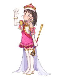 Rule 34 | bandeau, black hair, boots, bow, cape, child, commentary request, crown, detached sleeves, dress, frilled skirt, frills, fukuyama mai, full body, fur-trimmed headwear, fur trim, gloves, grey eyes, h vstpy, hand up, heart, high collar, highres, idolmaster, idolmaster cinderella girls, jewelry, long hair, looking at viewer, pink dress, ponytail, red bandeau, red bow, scepter, skirt, smile, solo, standing, thigh boots, thighhighs, vest, waving, white cape, white footwear, white gloves, white sleeves, white vest