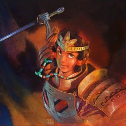 Rule 34 | 1boy, armor, artist name, black hair, breastplate, brown eyes, brown hair, character request, closed mouth, dated, forehead protector, gauntlets, hair tubes, helmet, holding, holding sword, holding weapon, japanese armor, jewelry, looking at viewer, male focus, namuji, necklace, official art, pauldrons, serious, shoulder armor, signature, solo, sword, upper body, weapon, yasuhiko yoshikazu