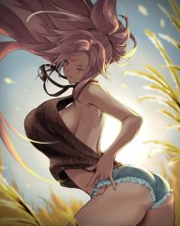 Rule 34 | 1girl, amputee, ass, baiken, bare shoulders, big hair, breasts, denim, denim shorts, eyepatch, closed eyes, facial tattoo, field, from side, guilty gear, guilty gear xrd, halterneck, highres, jako (toyprn), japanese clothes, kataginu, large breasts, long hair, looking at viewer, meme attire, no bra, one-eyed, pink eyes, pink hair, ponytail, scar, scar across eye, scar on face, shorts, sideboob, solo, tattoo, virgin killer sweater, wheat field