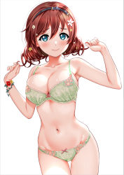 Rule 34 | 1girl, armpits, arms up, blue eyes, blush, bow, bow bra, bra, breasts, bursting breasts, cleavage, collarbone, drill hair, emma verde, floral print, flower, flower bracelet, freckles, green bra, green panties, hair between eyes, hair flower, hair ornament, hairband, highres, lace, lace-trimmed bra, lace trim, large breasts, looking at viewer, love live!, love live! nijigasaki high school idol club, love live! school idol festival, navel, panties, pink bow, red hair, sankuro (agoitei), simple background, skindentation, smile, solo, swept bangs, thighs, twin drills, underwear, underwear only, white background