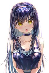 Rule 34 | 1girl, black choker, black hair, black hairband, blush, bone hair ornament, breasts, choker, cleavage, collarbone, commentary request, dress, eyelashes, eyes visible through hair, frilled choker, frilled dress, frills, hair between eyes, hair ornament, hairband, head tilt, highres, kushima kamome, large breasts, long hair, looking at viewer, open mouth, partial commentary, sidelocks, simple background, skull and crossbones, skull hair ornament, sleeveless, sleeveless dress, solo, straight-on, straight hair, summer pockets, teeth, upper body, upper teeth only, v arms, very long hair, white background, yellow eyes, zuzuhashi