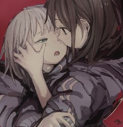 Rule 34 | 2girls, brown hair, chair, green eyes, half-closed eyes, hand on another&#039;s face, highres, imminent kiss, jacket, looking at another, multiple girls, open mouth, original, roisa, sitting, track jacket, white hair, yuri