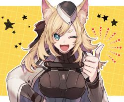 Rule 34 | 1girl, ;d, animal ear fluff, animal ears, arknights, black hat, blonde hair, blue eyes, breasts, bright pupils, cape, garrison cap, grey cape, hat, horse ears, kyouna, large breasts, long hair, long sleeves, one eye closed, open mouth, outline, smile, solo, star (symbol), thick eyebrows, thumbs up, upper body, v-shaped eyebrows, whislash (arknights), white outline, yellow background