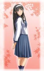 Rule 34 | 00s, 1girl, arms behind back, bad id, bad pixiv id, black hair, blue eyes, blush, hairband, happy, long hair, school uniform, sentihistory, serafuku, skirt, smile, socks, solo, tohno akiha, tsukihime