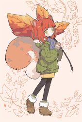 Rule 34 | 1girl, animal ears, artist name, autumn, black pantyhose, blue scarf, blunt bangs, blush, brown footwear, cardigan, closed mouth, commentary, english commentary, full body, green cardigan, green eyes, green socks, grey mittens, hands up, highres, holding, holding leaf, hood, hood down, hooded cardigan, leaf, long sleeves, looking at viewer, maple leaf, medium hair, melanbread, mittens, orange hair, original, oversized object, pantyhose, scarf, shoes, skirt, socks, solo, squirrel girl, squirrel tail, standing, tail, watermark, yellow skirt