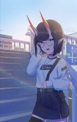 Rule 34 | 1girl, :d, absurdres, bag, black hair, black thighhighs, blue eyes, breasts, casual, choker, eyeliner, fang, fate/grand order, fate (series), glasses, handbag, highres, horns, jewelry, looking at viewer, makeup, necklace, oni, open mouth, outdoors, pleated skirt, pointy ears, sawarineko, short hair, shuten douji (fate), skin-covered horns, skirt, small breasts, smile, thighhighs