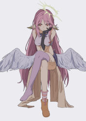 Rule 34 | 1girl, angel, angel wings, animal ears, asymmetrical legwear, bird ears, breasts, bridal gauntlets, spiked halo, crop top, feathered wings, halo, jibril (no game no life), large breasts, long hair, looking at viewer, low wings, magic circle, midriff, mismatched legwear, multicolored eyes, no game no life, pink hair, purple eyes, shoes, single shoe, solo, very long hair, white wings, wing ears, wings, yellow eyes, yu yin