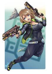 Rule 34 | 1girl, :d, belt, black bodysuit, black choker, black footwear, black jacket, blue eyes, bodysuit, border, breasts, brown hair, choker, cleavage, commission, dual wielding, eunie (xenoblade), full body, gun, head wings, highres, holding, holding gun, holding weapon, jacket, long hair, long sleeves, looking at viewer, medium breasts, open clothes, open jacket, open mouth, ravenhart, shoes, signature, smile, sneakers, solo, teeth, weapon, white border, white wings, wings, xenoblade chronicles (series), xenoblade chronicles 3