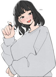 Rule 34 | 1girl, black hair, blush, english text, long hair, long sleeves, looking at viewer, medium hair, ohasi, original, simple background, smile, solo, sweater, white background