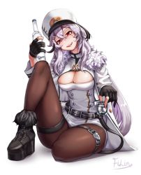 Rule 34 | 1girl, alcohol, azur lane, belt, black gloves, black pantyhose, boots, bottle, breasts, cleavage, filin, fur-trimmed boots, fur trim, gangut (azur lane), glass bottle, gloves, hair between eyes, hat, jacket, large breasts, long hair, looking at viewer, military hat, mole, mole under eye, open mouth, pantyhose, red eyes, silver hair, simple background, smile, solo, very long hair, vodka, white background