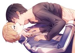 Rule 34 | 2boys, bad id, bad pixiv id, black hair, black shirt, blonde hair, blue jacket, blush, clothes lift, collarbone, commentary, eugeo, closed eyes, hair between eyes, half-closed eyes, jacket, kirito, kiss, long sleeves, male focus, multiple boys, ryeonghwa, shirt, shirt lift, short hair, simple background, sword art online, sword art online: alicization, teeth, tongue, tongue out, upper body, upper teeth only, white background, white shirt, yaoi
