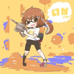 Rule 34 | 10s, 1girl, asymmetrical footwear, bike shorts, blush stickers, brown eyes, brown hair, fang, highres, ikazuchi (kancolle), inishie, ink tank (splatoon), inkling, inkling player character, kantai collection, looking at viewer, mismatched footwear, monster girl, nintendo, open mouth, pun, short hair, solo, splatoon (series), splatoon 1, tentacle hair, translated