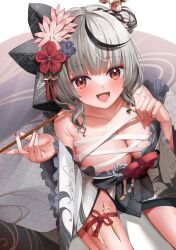 Rule 34 | 1girl, bandages, black hair, breasts, cleavage, concealed weapon, flower, grey hair, hair flower, hair ornament, hairband, highres, hololive, horo 27, japanese clothes, kimono, kneeling, large breasts, looking at viewer, medium hair, multicolored hair, new year, open mouth, red eyes, sakamata chloe, sakamata chloe (new year), seigaiha, streaked hair, virtual youtuber, weapon, x hair ornament
