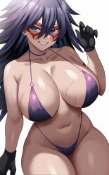 Rule 34 | 1girl, absurdres, bare shoulders, bikini, black gloves, blue eyes, boku no hero academia, breasts, choker, collarbone, commentary, domino mask, gloves, grin, hair between eyes, highleg, highleg bikini, highres, huge breasts, jasony, long hair, looking at viewer, mask, midnight (boku no hero academia), o-ring, o-ring bikini, o-ring top, paid reward available, purple bikini, purple choker, simple background, smile, solo, sweat, swimsuit, thick thighs, thighs, wet, white background