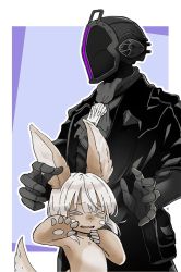 Rule 34 | &gt; &lt;, 1boy, 1other, ascot, black gloves, black jacket, black pants, bondrewd, closed eyes, furry, gloves, grey ascot, helmet, jacket, long sleeves, made in abyss, nanachi (made in abyss), pants, pouch, purple background, standing, topless, usuki (usukine1go), whiskers, whistle