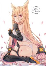 Rule 34 | 1girl, :o, ^^^, animal ears, ass, black footwear, blue eyes, blush, boots, fang, from behind, g41 (girls&#039; frontline), girls&#039; frontline, gradient hair, hakuya (white night), heterochromia, long hair, looking back, low-tied long hair, low twintails, mechanical arms, multicolored hair, open mouth, panties, petals, pink eyes, pink hair, pointing, pointing at self, shoulder blades, simple background, single mechanical arm, sitting, skindentation, solo, speech bubble, spoken hand, thigh boots, thigh strap, thighhighs, twintails, underwear, very long hair, wariza, white background, white panties