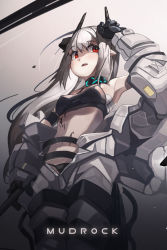 Rule 34 | 1girl, arknights, black collar, black gloves, black panties, black sports bra, bodysuit, breasts, character name, chest sarashi, collar, commentary, cowboy shot, demon horns, elite ii (arknights), gloves, grey hair, highres, holding, holding weapon, horns, infection monitor (arknights), long hair, long sleeves, material growth, mudrock (arknights), mudrock (elite ii) (arknights), open bodysuit, open clothes, open mouth, oripathy lesion (arknights), panties, plabit, pointy ears, red eyes, sarashi, shaded face, sideboob, small breasts, solo, sports bra, underwear, very long hair, war hammer, weapon, white bodysuit