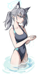 Rule 34 | 1girl, absurdres, alternate hairstyle, animal ear fluff, animal ears, aqua eyes, blue archive, blush, breasts, competition swimsuit, covered navel, cupping hands, ear piercing, grey background, hair between eyes, hair ornament, halo, highres, long hair, medium breasts, mismatched pupils, one-piece swimsuit, own hands together, parted lips, piercing, ponytail, shiroko (blue archive), shiroko (swimsuit) (blue archive), simple background, solo, swimsuit, tamago (eva1314056), wading, water, wet, white background, x hair ornament