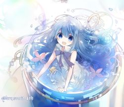 Rule 34 | 10s, 1girl, :d, arm support, bad id, bad pixiv id, bare arms, blue eyes, blue hair, commentary request, copyright name, cyawa, dress, flower, hair between eyes, in container, jewelry, liquid hair, long hair, looking at viewer, merc (merc storia), merc storia, mini person, minigirl, open mouth, purple flower, ring, sleeveless, sleeveless dress, smile, solo, very long hair, water, white dress
