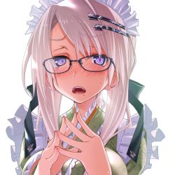 Rule 34 | 1girl, apron, blush, crying, glasses, hair ornament, hairclip, highres, japanese clothes, long hair, looking at viewer, maid, maid apron, open mouth, original, sakuya tsuitachi, silver hair, solo, steepled fingers, sweat, wa maid