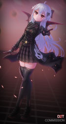 Rule 34 | 1girl, absurdres, ahoge, black bow, black footwear, black gloves, black jacket, black skirt, black thighhighs, blurry, blurry background, blurry foreground, blush, bow, breasts, commentary, commission, depth of field, dutch angle, facial mark, flower, girls&#039; frontline, gloves, grey gloves, hair between eyes, hair bow, hair flower, hair ornament, hairclip, highres, iws 2000 (girls&#039; frontline), jacket, long hair, long sleeves, outstretched arm, pleated skirt, pointing, pointing at viewer, red eyes, red wings, sangvis ferri, shoes, silver hair, skirt, small breasts, solo, stratosphere (coom1017), thighhighs, very long hair, vrchat, white flower, wings
