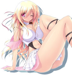 Rule 34 | 1girl, arm support, bare shoulders, blonde hair, breast press, breasts, curvy, female focus, gradius, highres, large breasts, long hair, miniskirt, navel, one eye closed, pink eyes, scatter milk, simple background, sitting, skirt, solo, thighs, white background, wink