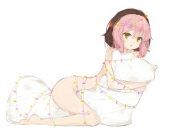 Rule 34 | 1girl, :o, bad id, bad twitter id, black hair, blush, bound, christmas lights, dyed bangs, full body, green eyes, highres, looking at viewer, md5 mismatch, multicolored hair, nude, hugging object, open mouth, osu!, pillow, pink hair, pippi (osu!), resolution mismatch, short hair, simple background, sitting on pillow, solo, thighs, two-tone hair, white background