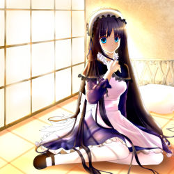 1girl absurdres apron bad_id bad_pixiv_id black_hair blue_eyes clouble female_focus frills highres long_hair looking_at_viewer maid maid_apron mary_janes original pantyhose shoes sitting solo thighhighs very_long_hair wariza