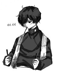 Rule 34 | 1boy, absurdres, black hair, character request, dated, food, greyscale, highres, male focus, monochrome, one eye covered, penguko, pocky, pocky day, shuumatsu no valkyrie, simple background, solo, upper body