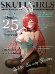 Rule 34 | 1girl, absurdres, alternate costume, blush, bow, bowtie, breasts, cleavage, collarbone, copyright name, cover, detached collar, fake magazine cover, finger to mouth, hair over one eye, high heels, highres, kneeling, large breasts, leotard, long hair, magazine cover, nail polish, pantyhose, parasoul (skullgirls), playboy bunny, rabbit ears, rank alee, red hair, red nails, shoe dangle, sitting, skullgirls, solo, stool, wrist cuffs, yellow eyes