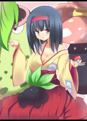 Rule 34 | 00s, 1girl, :3, akane souichi, bad id, bad pixiv id, black hair, breasts, brown eyes, cleavage, creatures (company), erika (pokemon), game freak, gen 1 pokemon, gym leader, hairband, holding, holding poke ball, japanese clothes, kimono, large breasts, letterboxed, long hair, looking at viewer, nintendo, obi, oddish, poke ball, poke ball (basic), pokemon, pokemon (creature), pokemon frlg, sash, sitting, sitting on lap, sitting on person, victreebel, vileplume
