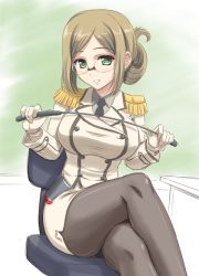 Rule 34 | 10s, 1girl, black pantyhose, breasts, brown hair, brown pantyhose, buttons, chair, crossed legs, double-breasted, epaulettes, female focus, folded ponytail, glasses, gloves, green eyes, kantai collection, katori (kancolle), kishi nisen, large breasts, light brown hair, looking at viewer, military, military uniform, miniskirt, necktie, office chair, pantyhose, pencil skirt, riding crop, short hair, sitting, skirt, smile, solo, swivel chair, uniform
