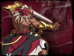 Rule 34 | 1boy, barbarian, tooth necklace, fighting stance, from behind, lion tail, maxi (varvarion), multiple swords, muscular, official art, red hair, topless male, slit pupils, smile, spiked hair, sword, tail, vambraces, varvarion, weapon, yellow eyes