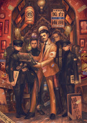 Rule 34 | androgynous, armband, bad id, bad pixiv id, black hair, facial hair, formal, glasses, gloves, hat, highres, japanese flag, kcn, lantern, light bulb, looking at viewer, multiple boys, mustache, necktie, painting (object), paper lantern, peaked cap, school uniform, shako cap, steampunk, suit
