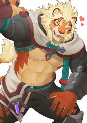 Rule 34 | 1boy, abs, absurdres, animal ears, bara, claws, closed eyes, commentary request, facing viewer, fangs, furry, furry male, heart, highres, kou (kouga0225), lion boy, lion ears, lion mane, lion tail, magnos (world flipper), male focus, muscular, muscular male, open mouth, pawpads, pectorals, smile, tail, whiskers, white background, world flipper