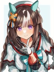 Rule 34 | 1girl, animal ears, blue background, blue bow, blush, border, bow, braid, brown hair, buttons, closed mouth, commentary, double-breasted, ear covers, gloves, highres, hokko tarumae (umamusume), horse ears, horse girl, jacket, long hair, long sleeves, multicolored hair, purple eyes, simple background, smile, streaked hair, striped, striped bow, twin braids, ueruko, umamusume, very long hair, white border, white gloves, white hair, white headwear, white jacket