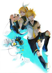 Rule 34 | 1boy, 1girl, aqua eyes, back-to-back, bad id, bad pixiv id, belt, blonde hair, book, brother and sister, hair ornament, hair ribbon, hairclip, hand on headphones, headphones, headset, highres, kagamine len, kagamine rin, microphone, necktie, nineo, one eye closed, open mouth, ribbon, short hair, shorts, siblings, sitting, smile, twins, vocaloid, wink, yellow eyes, yellow necktie