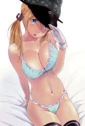 Rule 34 | 10s, 1girl, :o, arm behind back, black thighhighs, blonde hair, blue bra, blue eyes, blue panties, blush, bra, breasts, cleavage, female focus, gloves, gradient background, hat, highres, kantai collection, large breasts, long hair, looking at viewer, navel, open mouth, panties, peaked cap, prinz eugen (kancolle), remodel (kantai collection), sitting, solo, thighhighs, twintails, underwear, underwear only, wa (genryusui), white gloves
