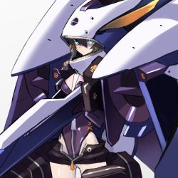 Rule 34 | 1girl, advance of zeta, bag, brown hair, commentary request, full body, green eyes, gundam, highres, kehaar ii, looking at viewer, mecha musume, shield, short shorts, shorts, solo, takamine nadare, thighhighs, tr-6 woundwort, unzipped, white background, zipper
