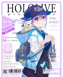 Rule 34 | 1girl, absurdres, apron, backpack, bag, barcode, baseball cap, blue hair, blue hat, blue jacket, blue nails, blush, bubble tea, cat, cellphone, character print, commentary, cover, cup, drinking straw, english text, fake cover, from side, gradient shirt, hat, highres, holding strap, hololive, hood, hood basket, hooded jacket, jacket, long sleeves, looking at viewer, magazine cover, minato aqua, multicolored hair, nail polish, neko (minato aqua), open clothes, open jacket, phone, purple eyes, purple hair, qr code, shirt, smartphone, solo, streaked hair, translation request, twitter, virtual youtuber, yoshikawa hiro